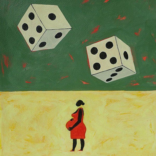 Illustration of a Black pregnant woman beneath a pair of rolling dice, to depict maternal and infant health disparities